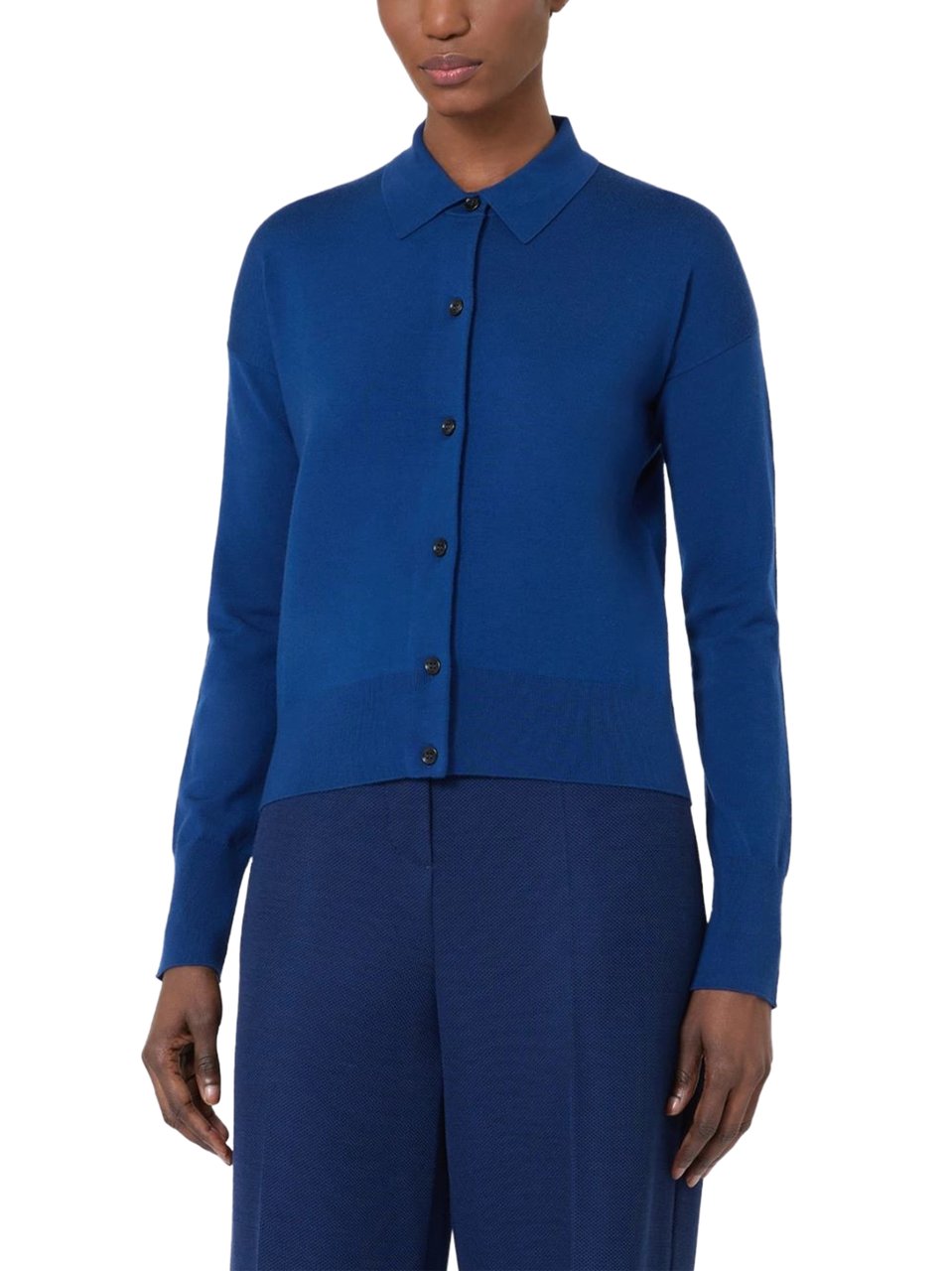 Max Mara Cropped Blue Cardigan with Classic Collar Blauw