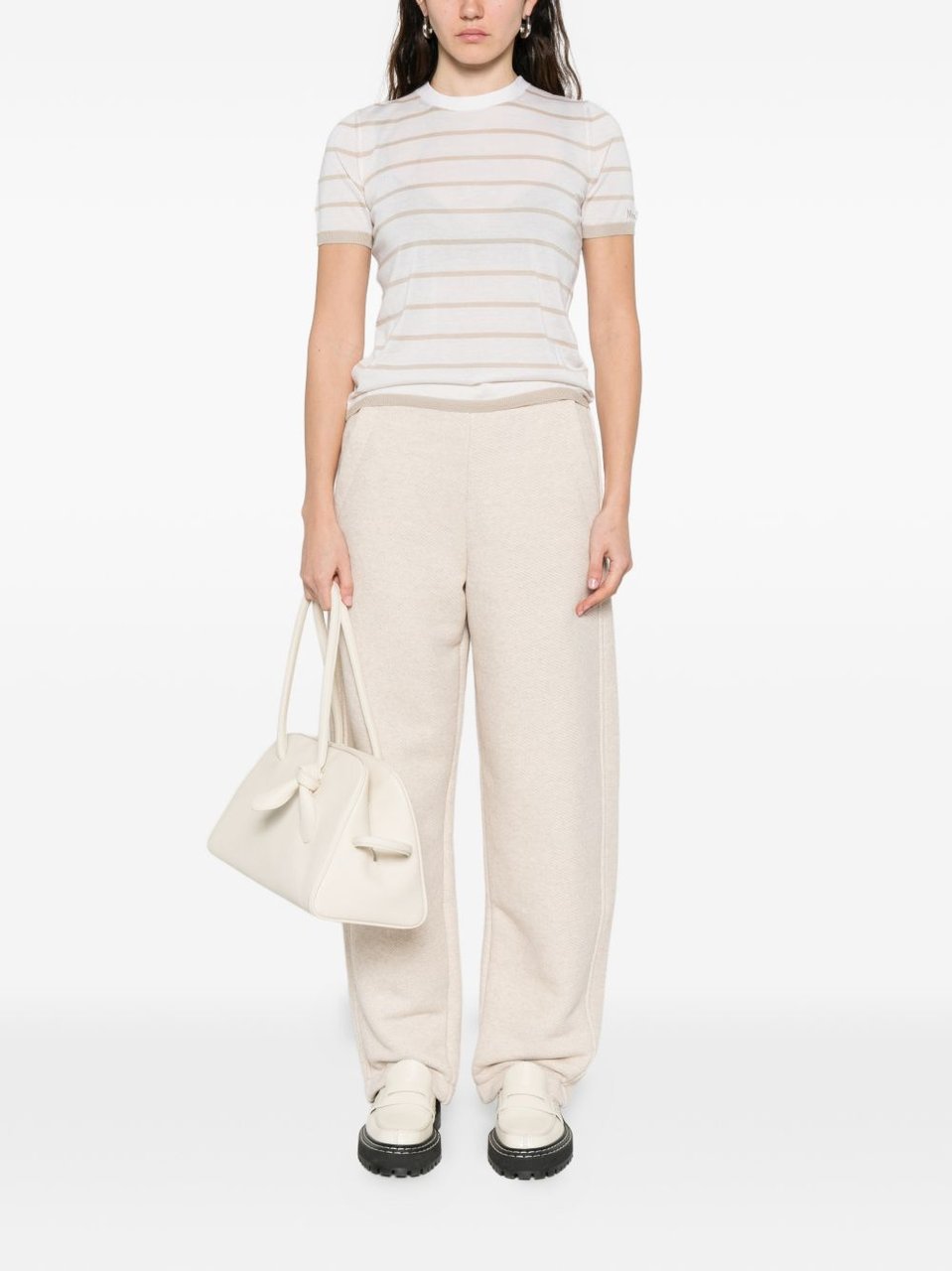 Max Mara Beige Elastic Waistband Cotton Straight-Leg Pants Neutraal