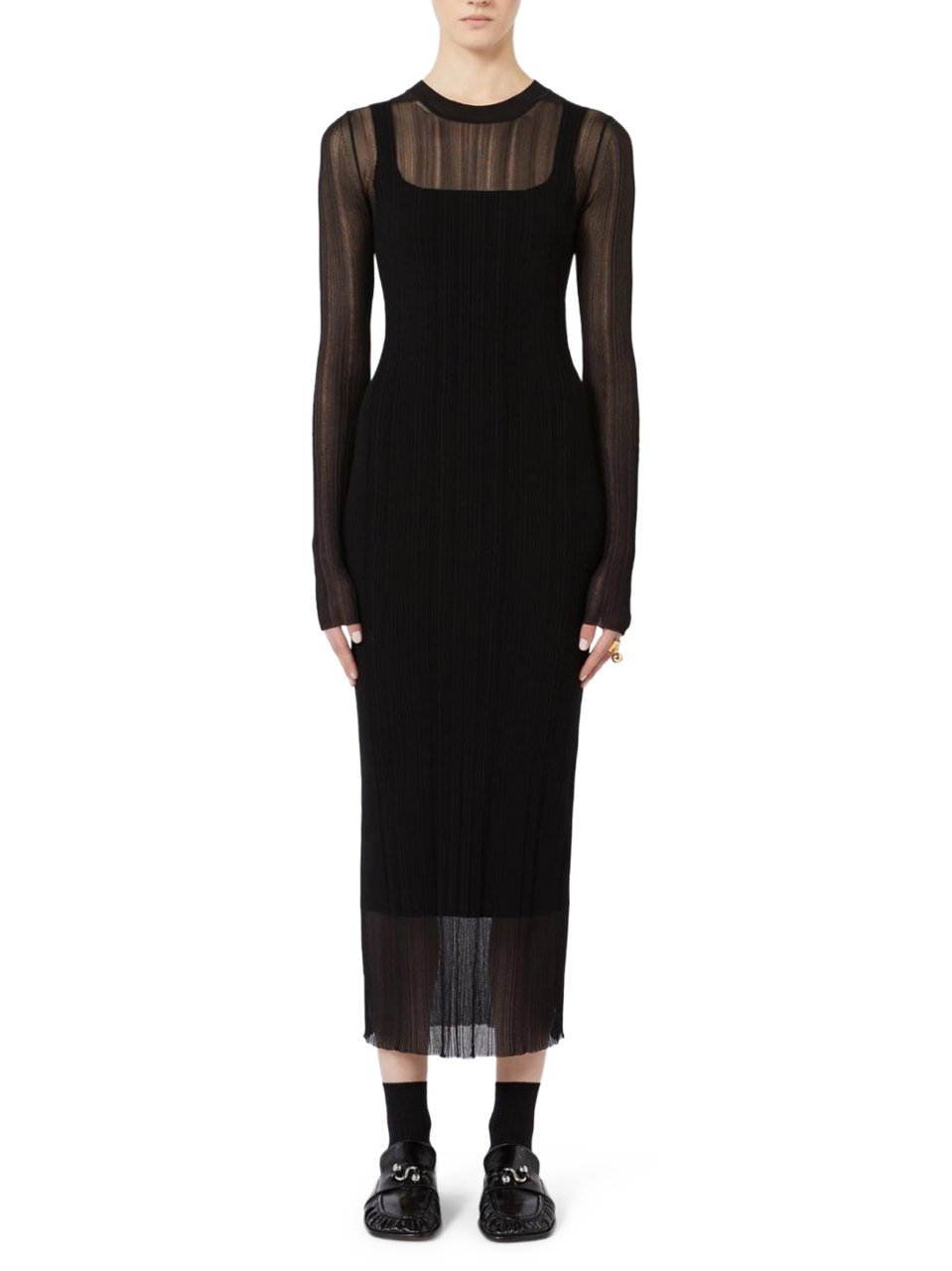 Max Mara Fitted Black Knit Midi Dress with Sheer Overlay Zwart