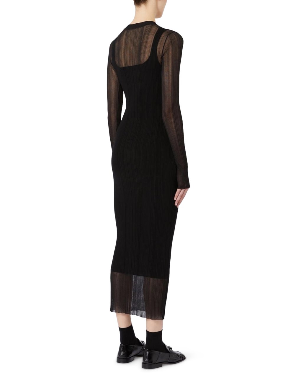 Max Mara Fitted Black Knit Midi Dress with Sheer Overlay Zwart