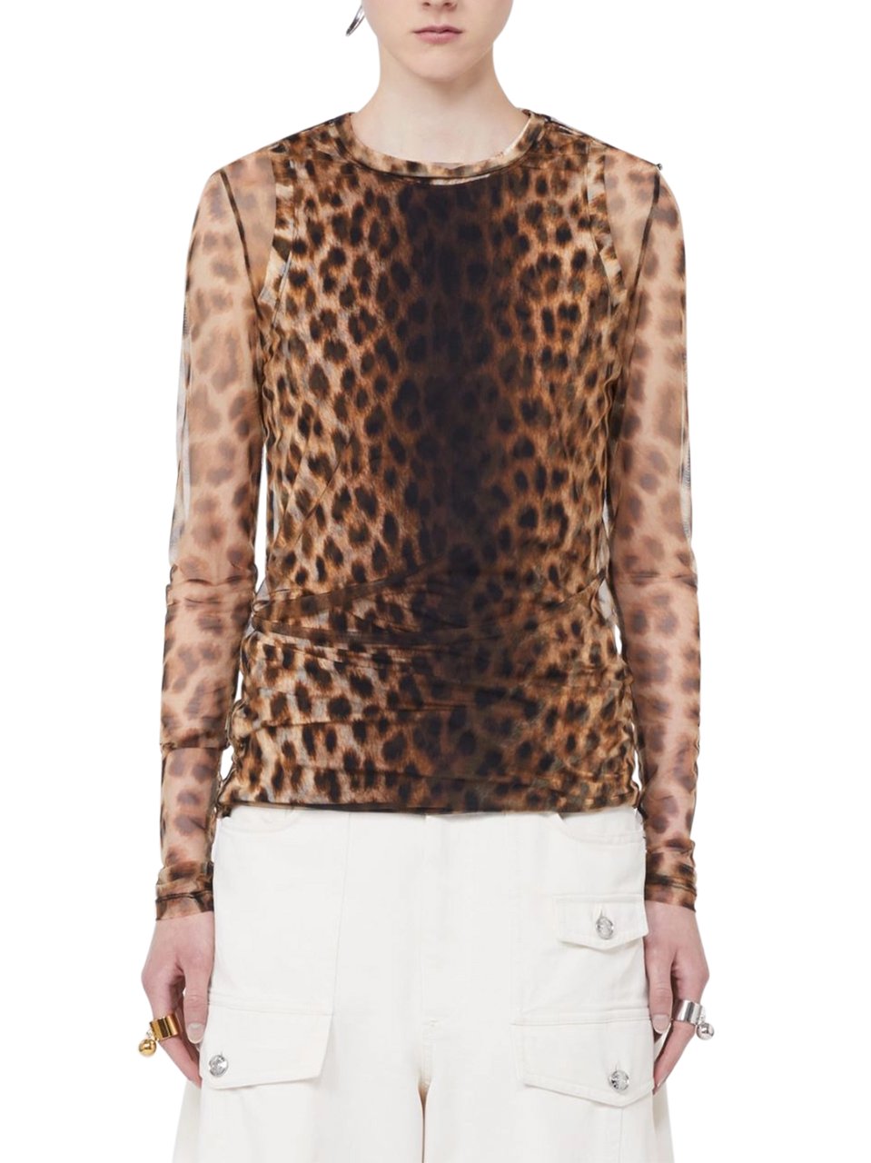 Max Mara Fitted Sheer Long-Sleeved Top with Bold Leopard Print Neutraal