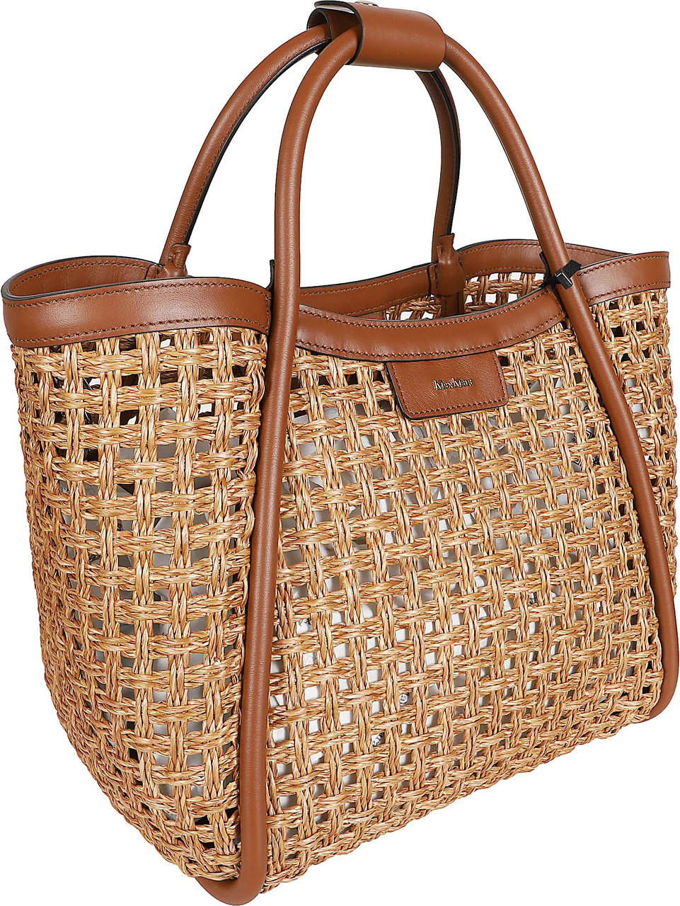 Max Mara Woven Straw-Effect Bag with Leather Details and Gold Accents Bruin