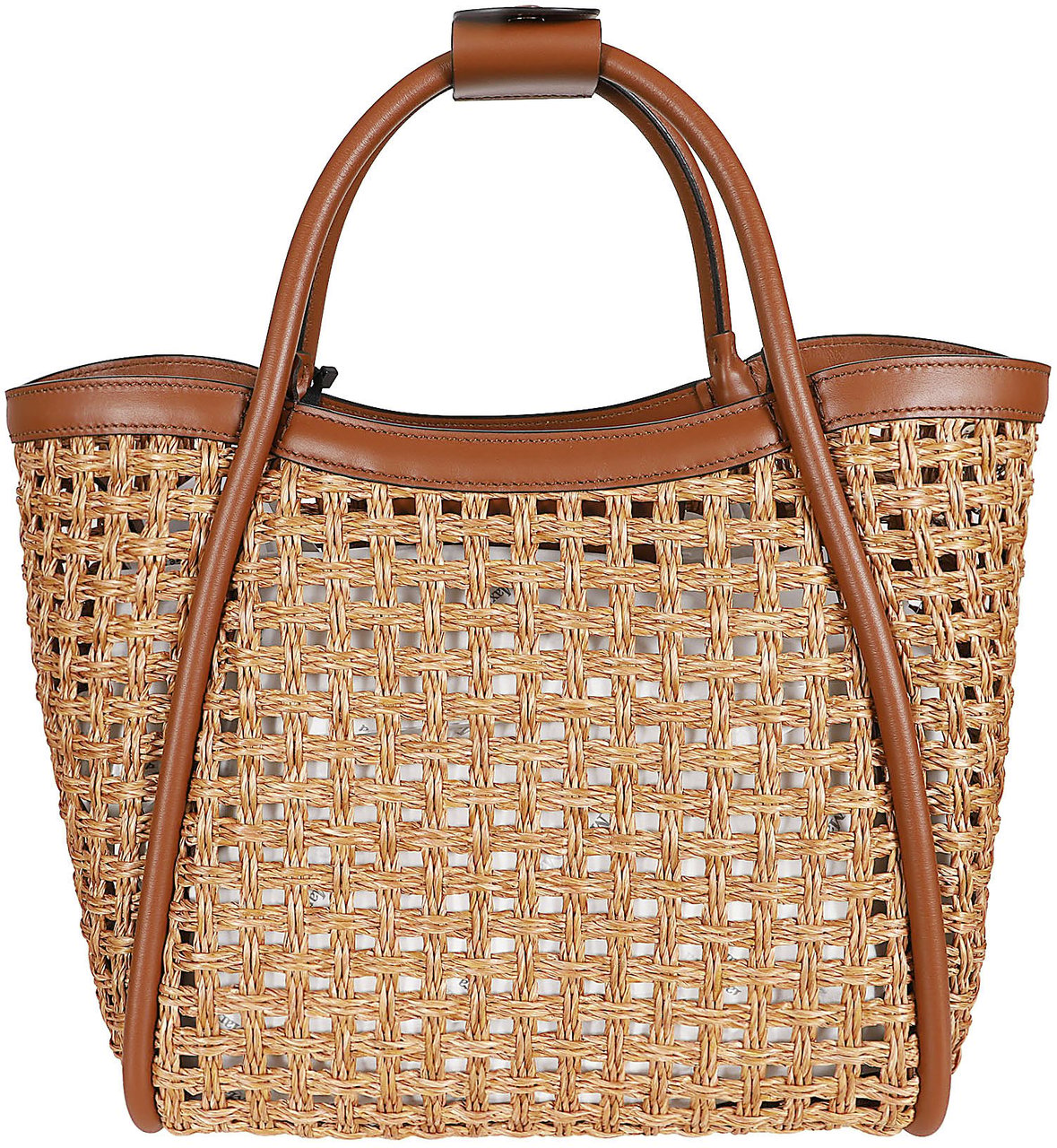 Max Mara Woven Straw-Effect Bag with Leather Details and Gold Accents Bruin