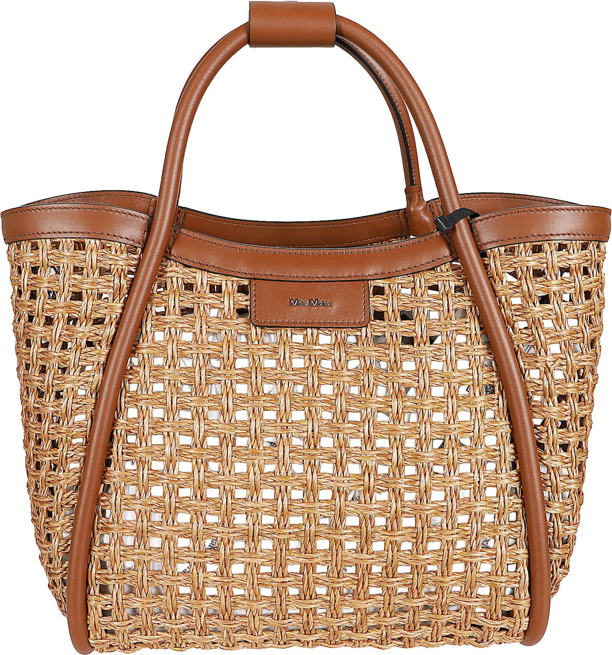 Max Mara Woven Straw-Effect Bag with Leather Details and Gold Accents Bruin