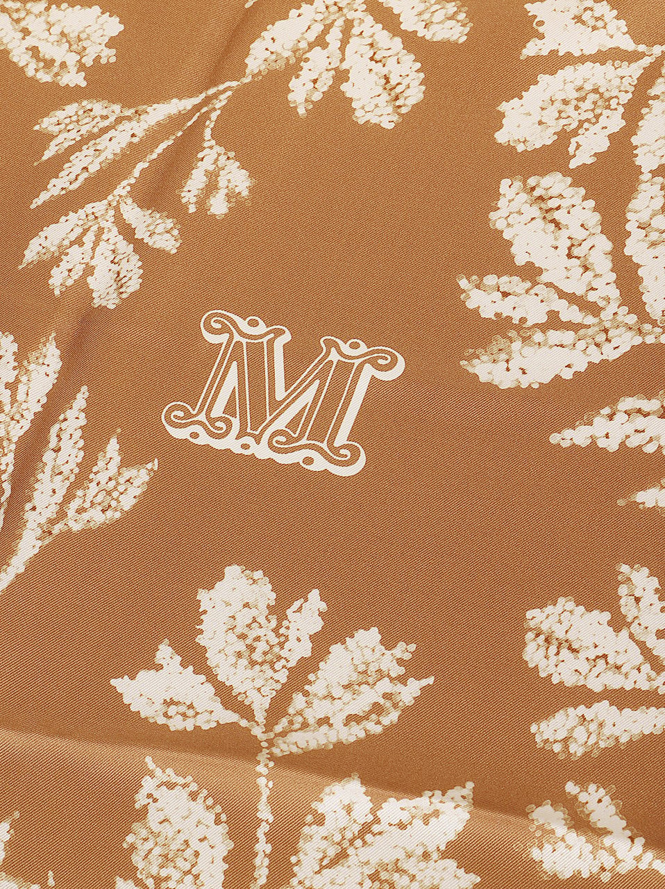 Max Mara Silk Twill Square Scarf With Botanical Motif And Monogram Bruin