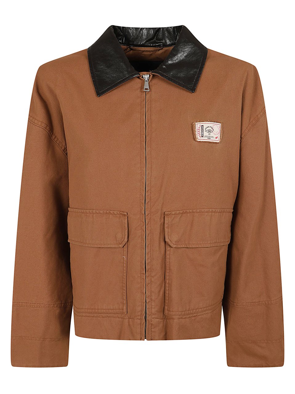 Max Mara Cropped Tan Cotton Canvas Jacket with Coated Fabric Collar Bruin