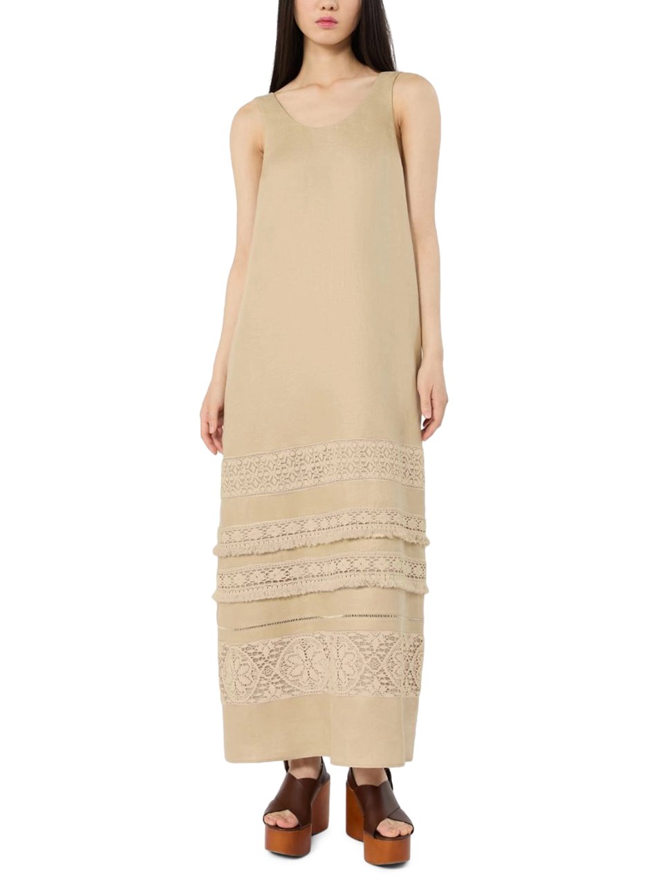 Max Mara Sleeveless Maxi Dress with Lace Panels Neutraal