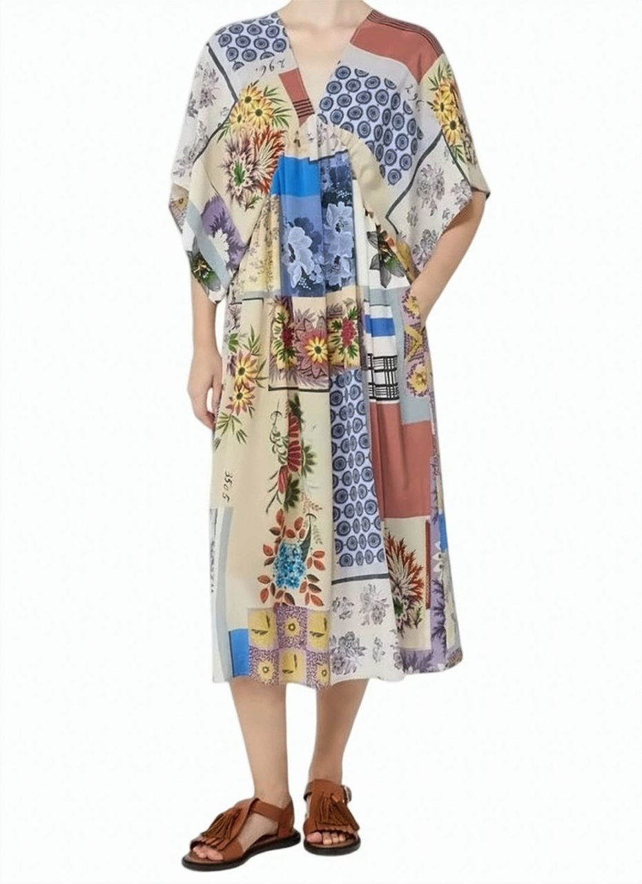 Max Mara Multicolor Patchwork Floral V Neck Dress Bruin