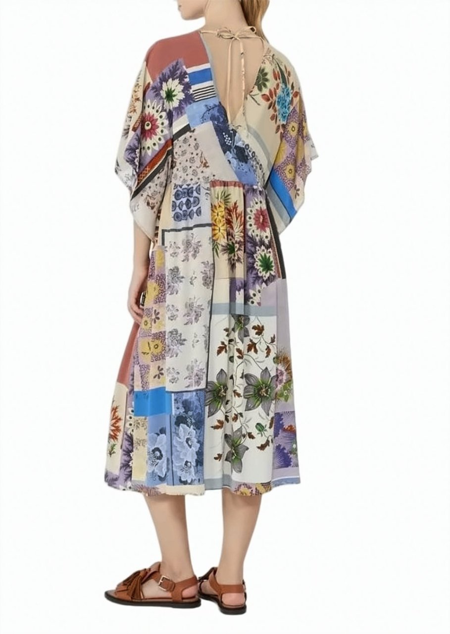 Max Mara Multicolor Patchwork Floral V Neck Dress Bruin