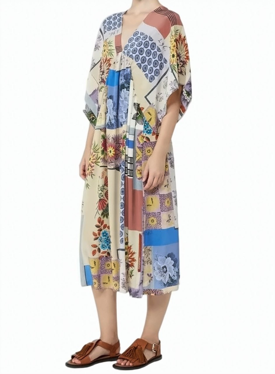 Max Mara Multicolor Patchwork Floral V Neck Dress Bruin