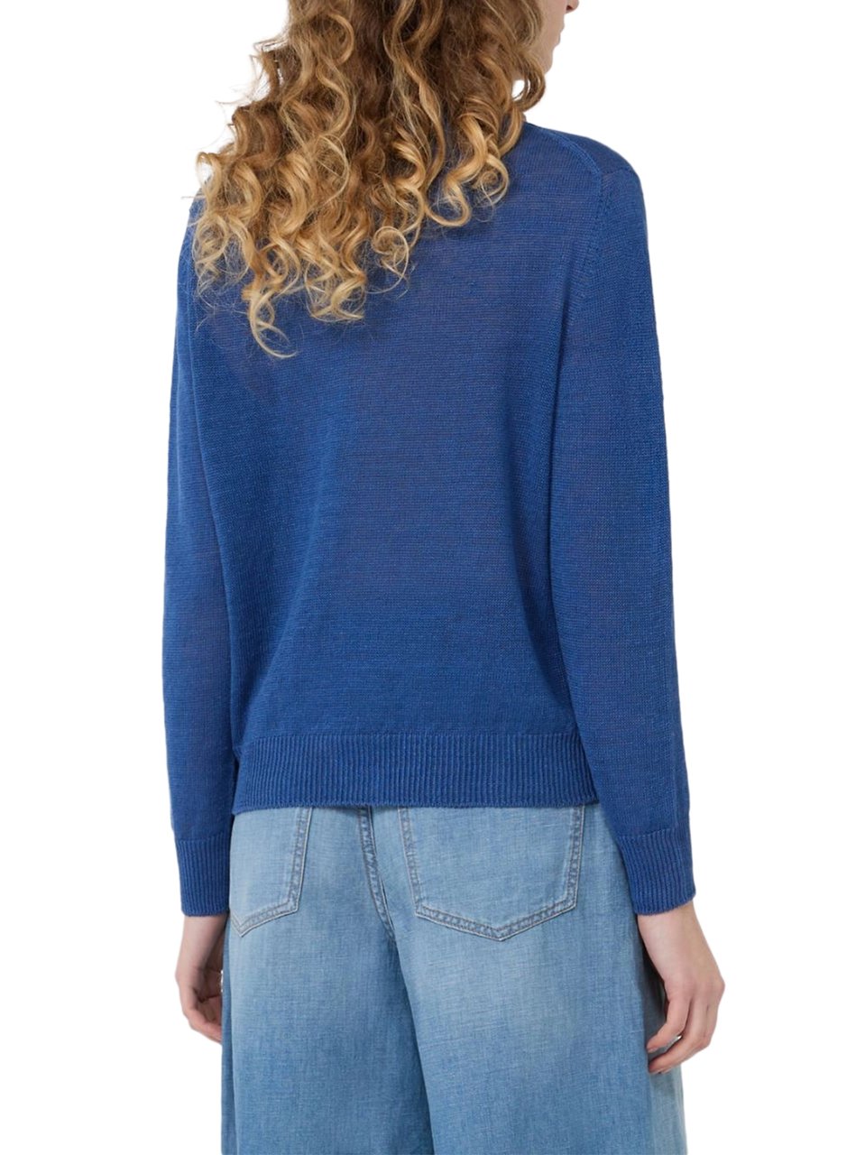 Max Mara Linen Long-Sleeved Top with Ribbed Details Blauw