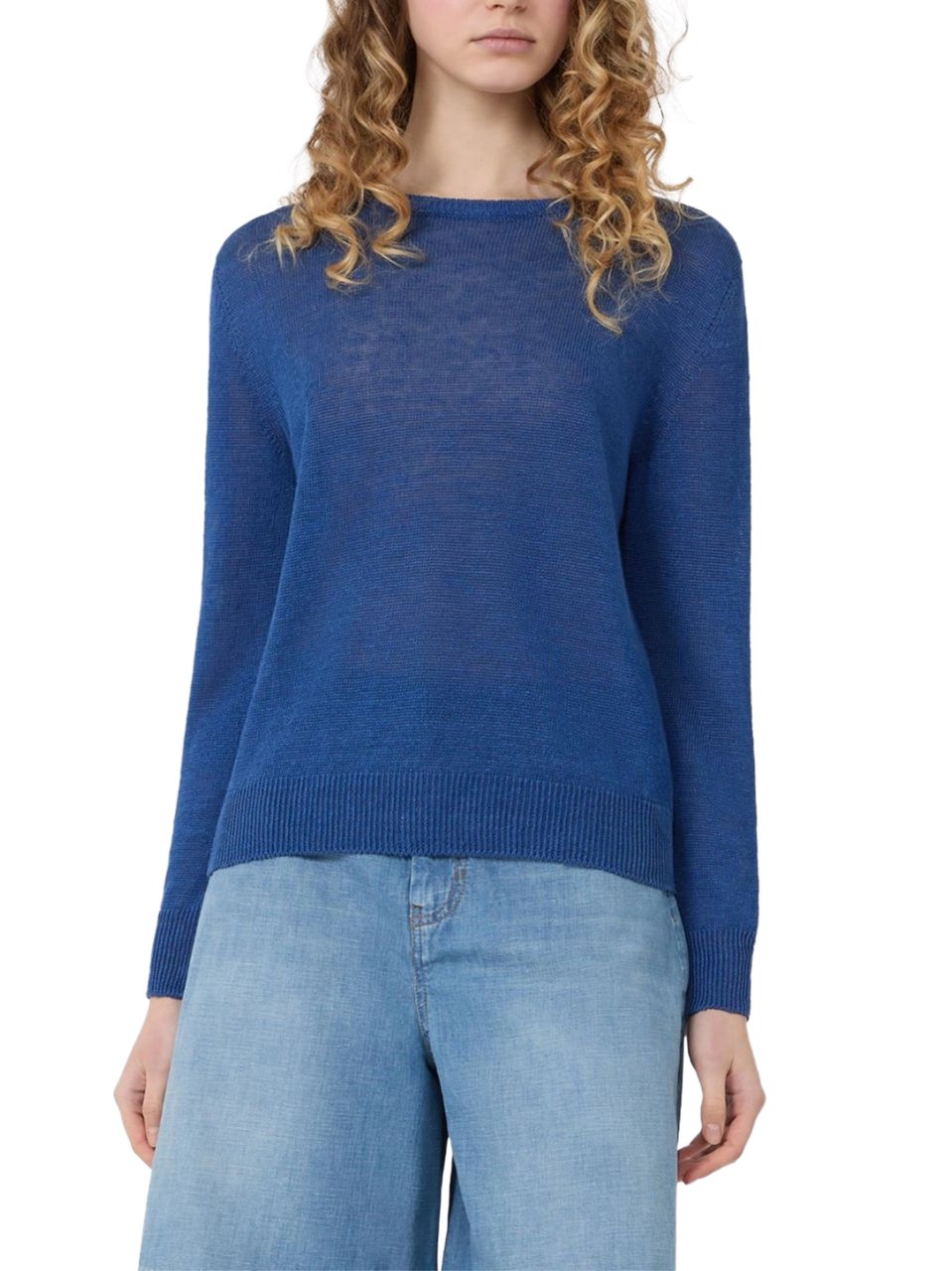 Max Mara Linen Long-Sleeved Top with Ribbed Details Blauw