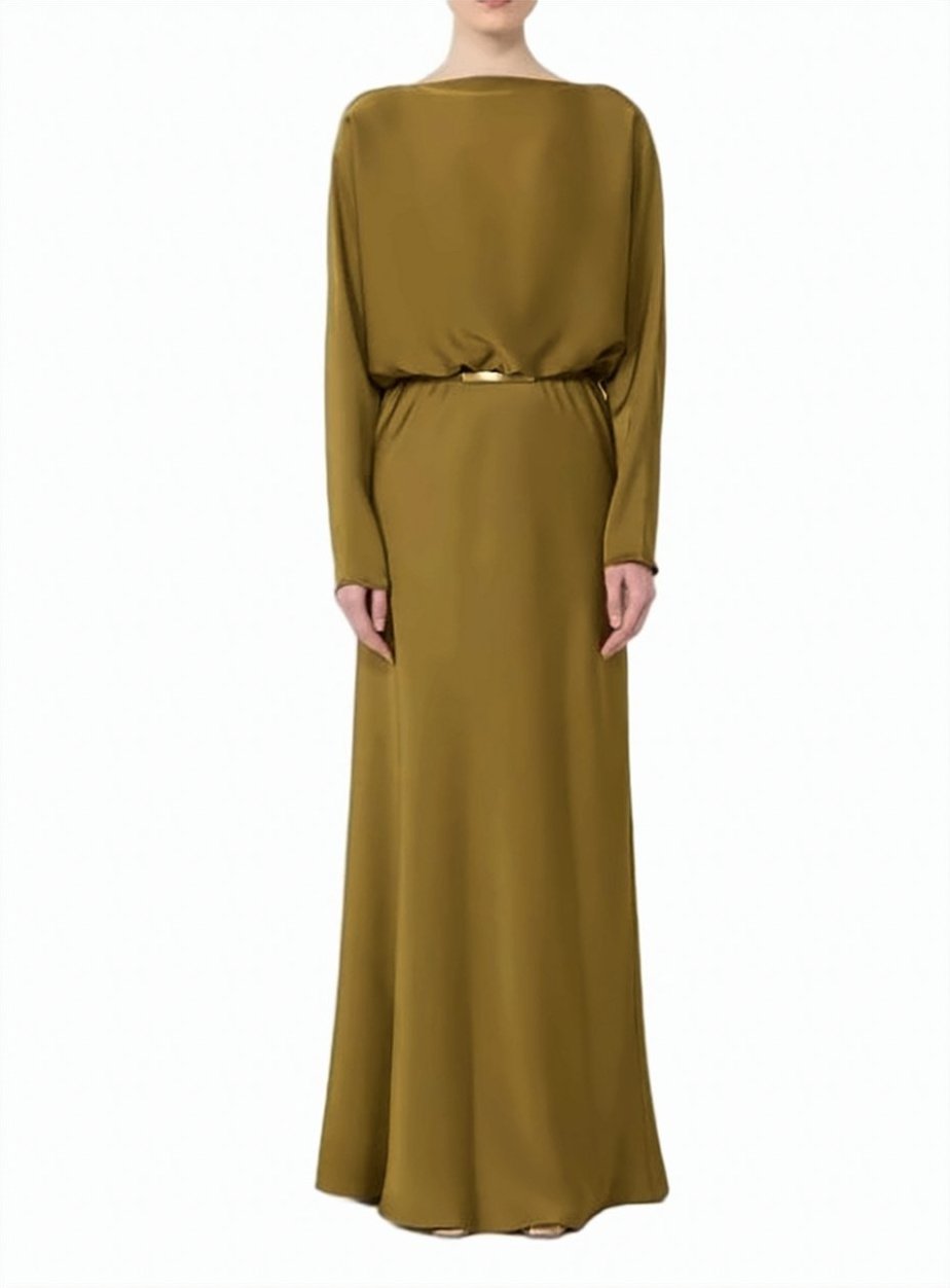 Max Mara Green Satin Belted Maxi Dress Groen