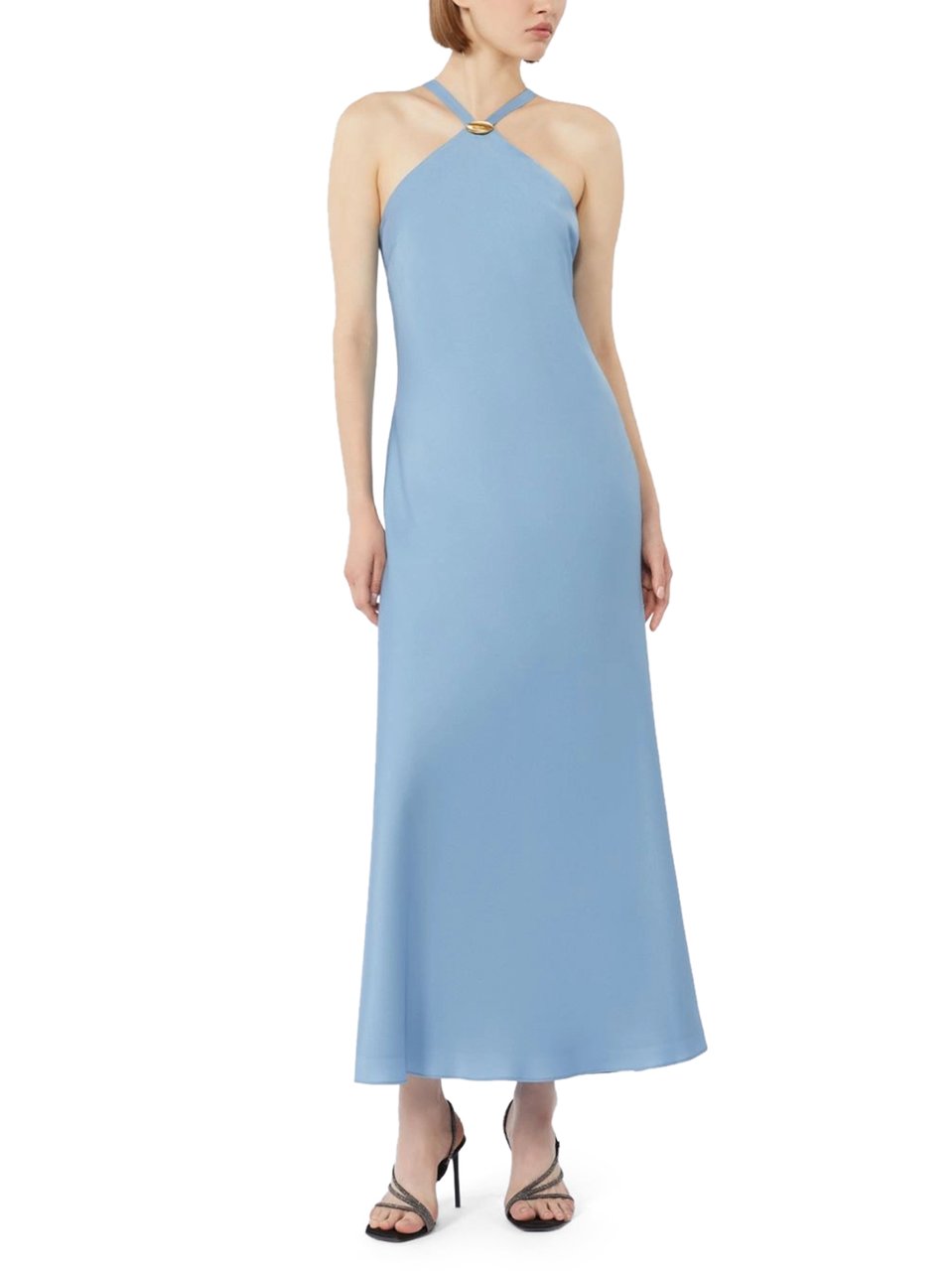 Max Mara Halter Neck Midi Dress with Metallic Ring Detail Blauw