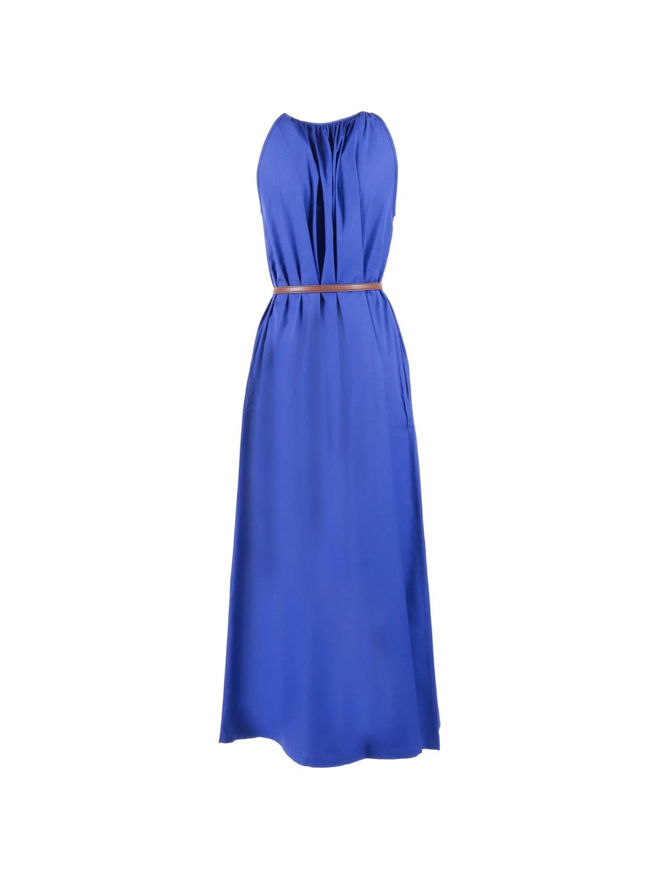 Max Mara Blue Waist Belt Cotton Maxi Dress Blauw