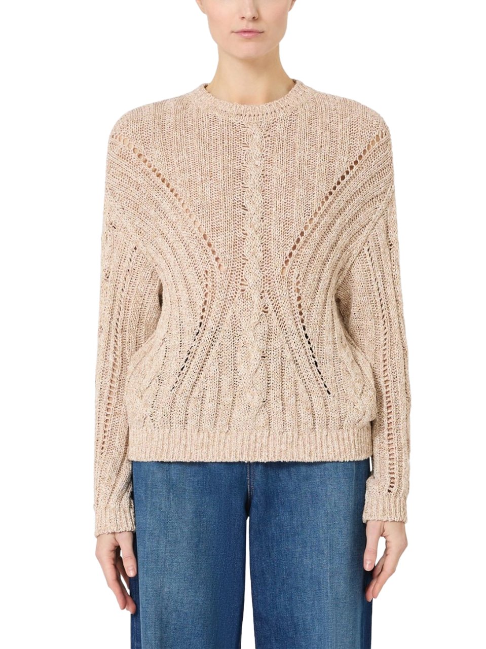 Max Mara Textured Cable Knit Top with Openwork Details Neutraal