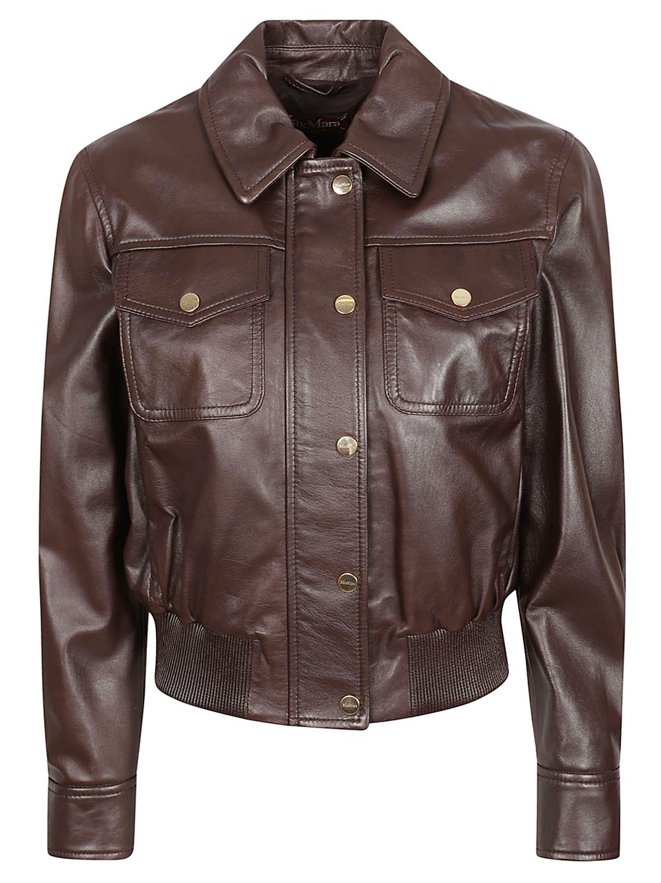 Max Mara Brown Lamb Leather Jacket with Classic Collar and Gold-Tone Accents Grijs