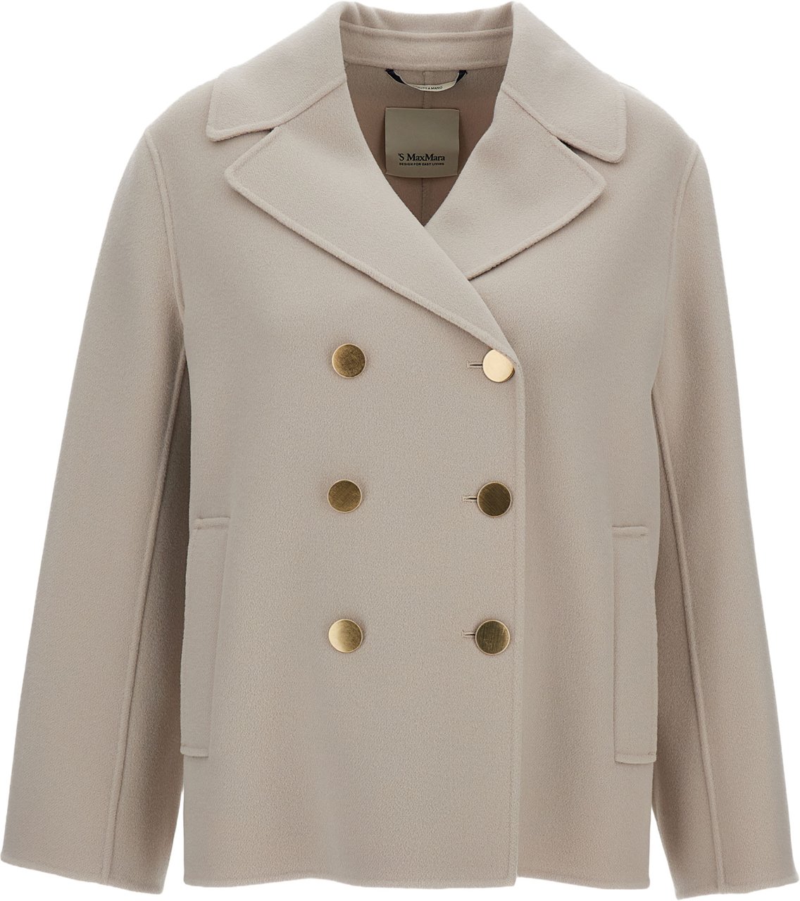Max Mara Double-Breasted Coat with Wide Lapels and Side Welt Pockets Neutraal