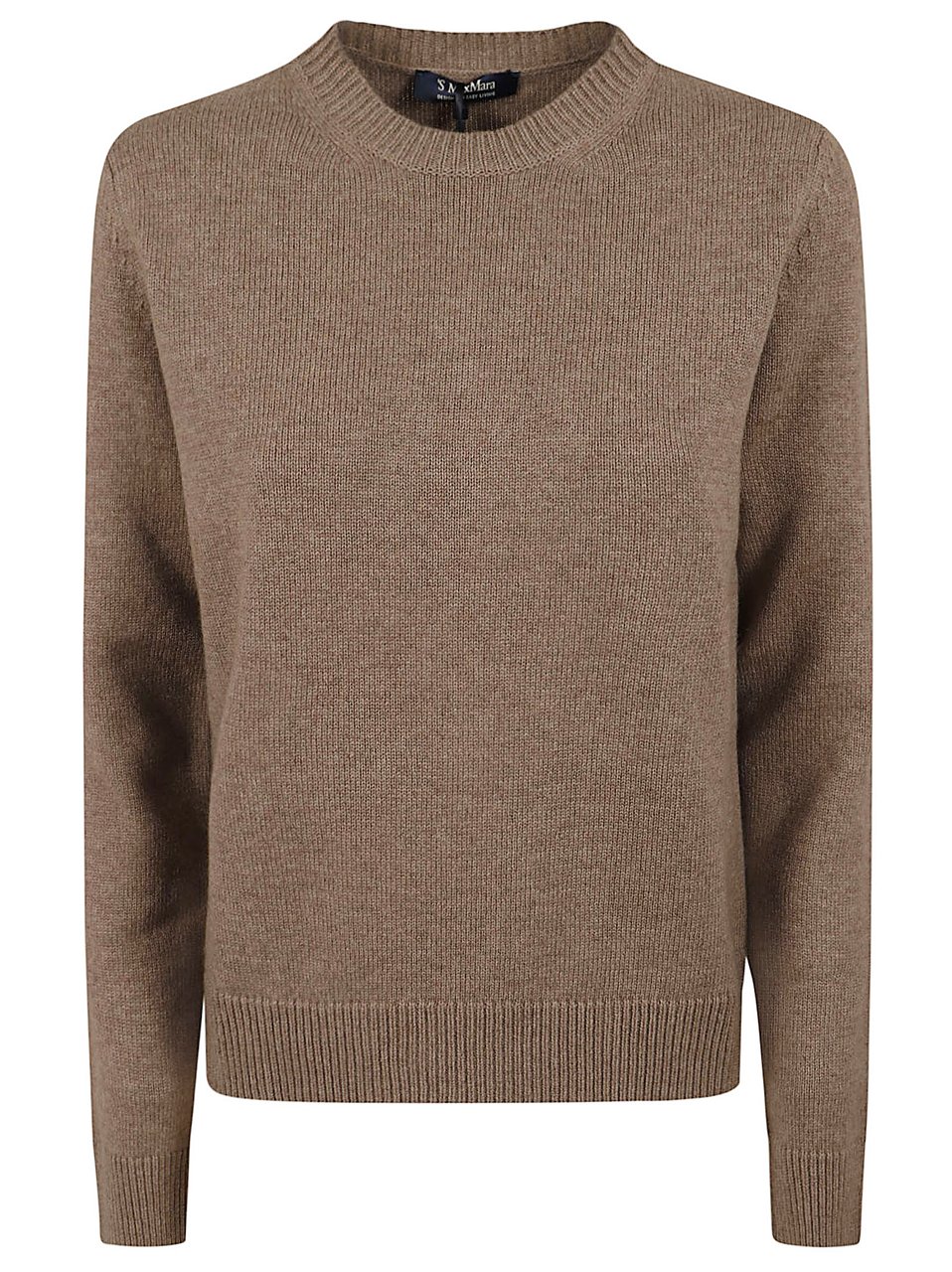 Max Mara Crewneck Sweater with Oval Elbow Patches and Fine-Knit Texture Bruin