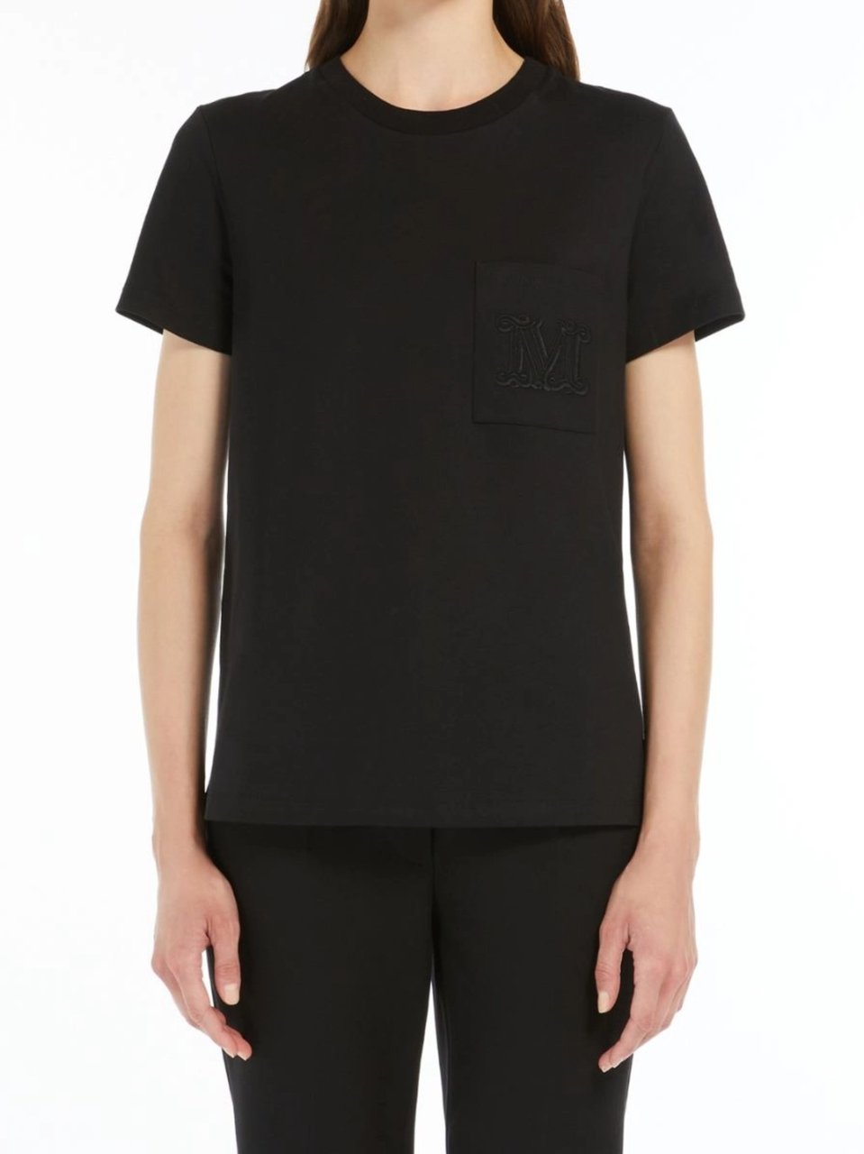 Max Mara Papaia Cotton Minimalist Chest Pocket T-Shirt Zwart
