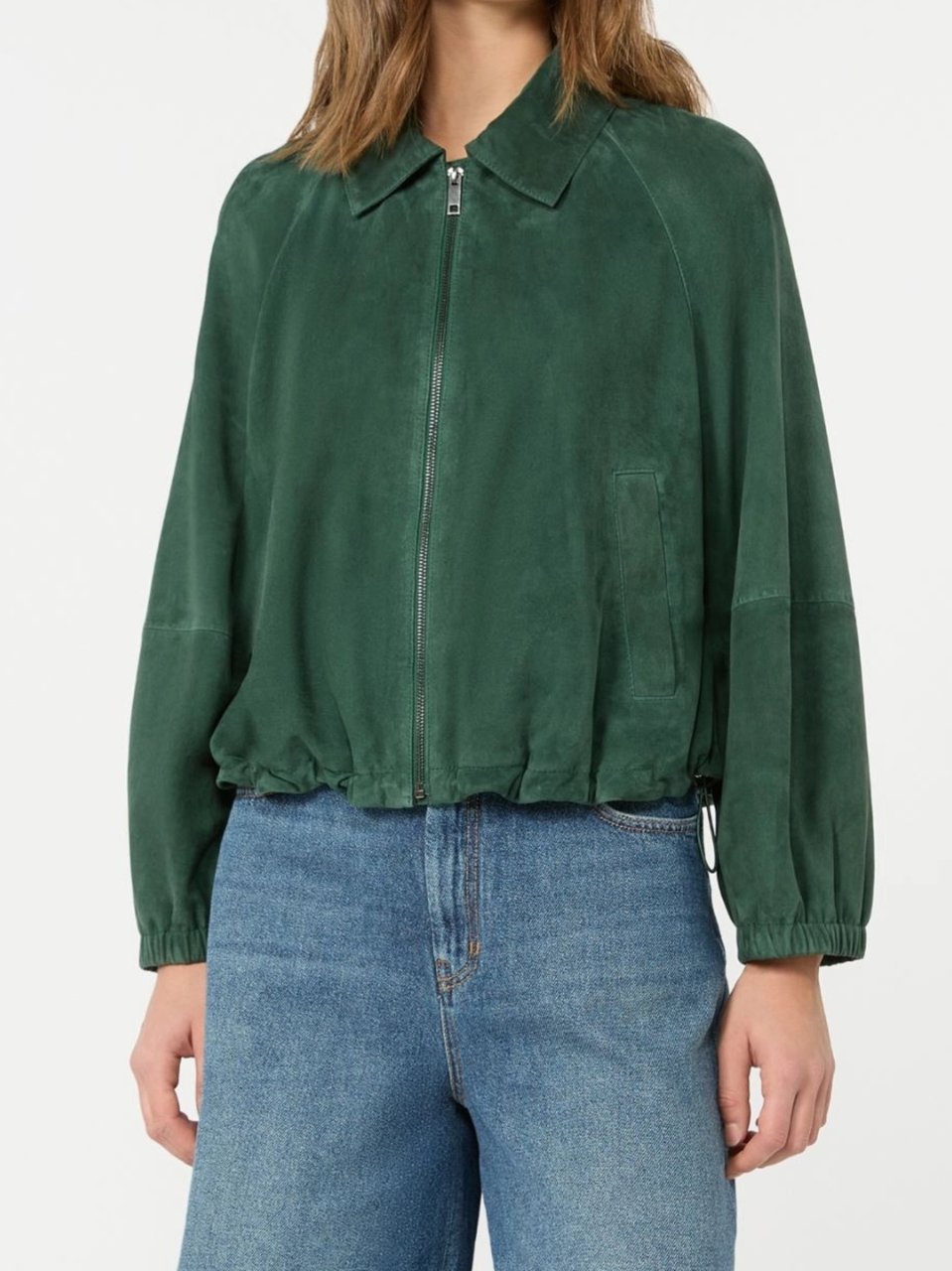 Max Mara Cropped Deep Green Suede-like Jacket with Classic Collar and Puff Sleeves Groen