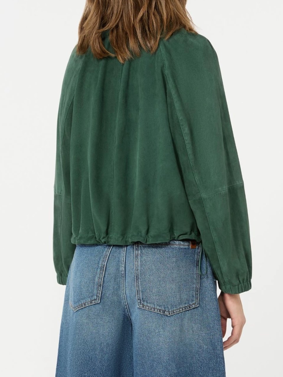 Max Mara Cropped Deep Green Suede-like Jacket with Classic Collar and Puff Sleeves Groen