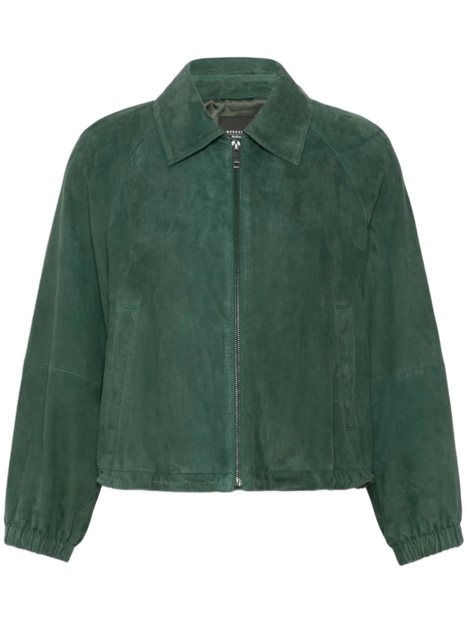 Max Mara Cropped Deep Green Suede-like Jacket with Classic Collar and Puff Sleeves Groen