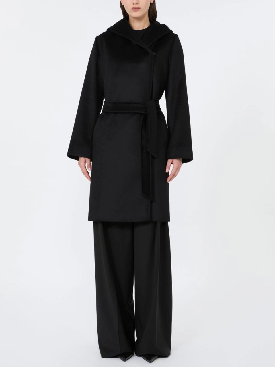 Max Mara Black Wool Wrap Coat with Self-Tie Detail Zwart