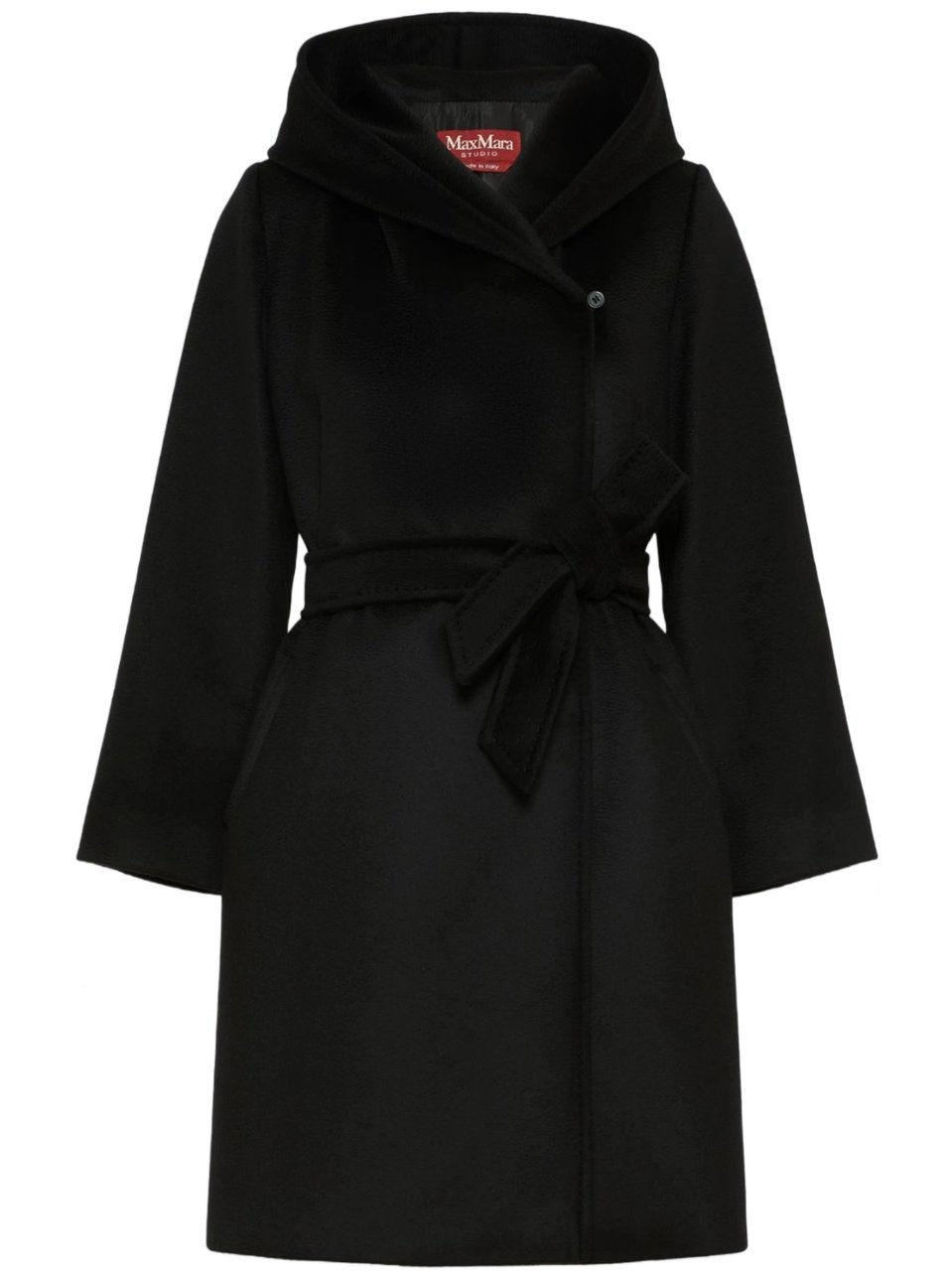 Max Mara Black Wool Wrap Coat with Self-Tie Detail Zwart