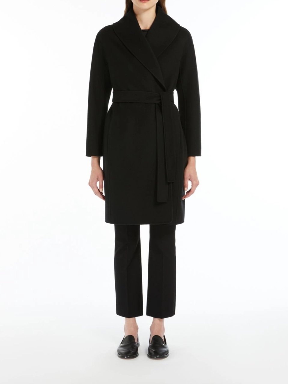 Max Mara Messi Belted Shawl Collar Knee-Length Coat Zwart
