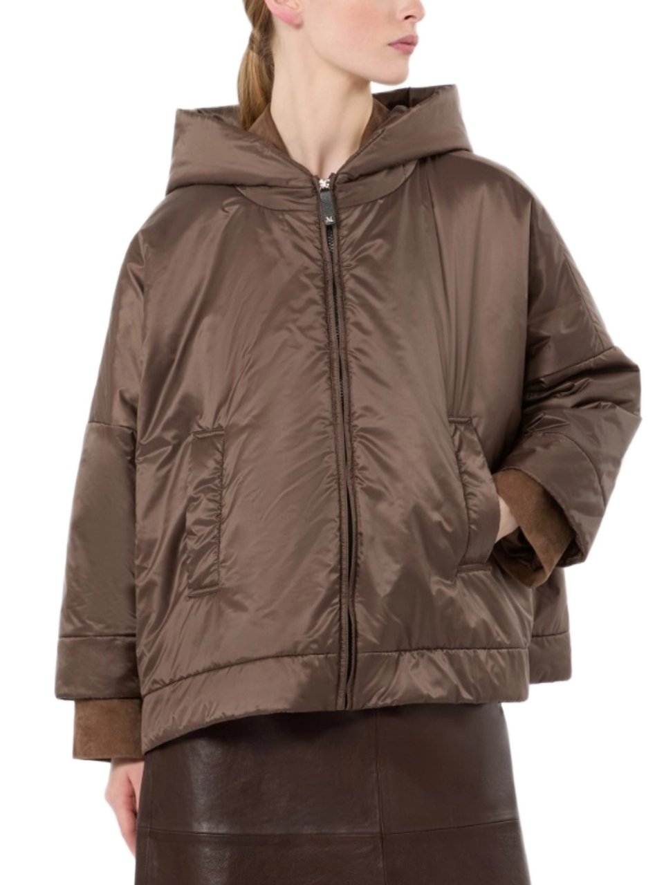 Max Mara Boxy Cropped Coat With Shiny Finish And Hood Roze