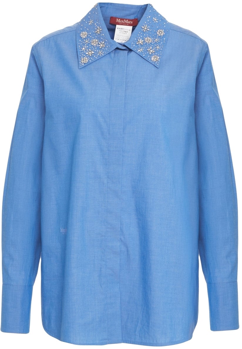Max Mara Blouse with rhinestones 'Staffa' Blauw