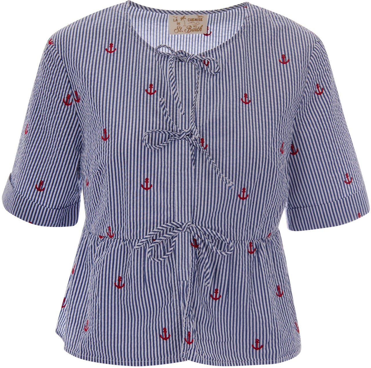 MC2 Saint Barth Shirts Seersucker Stripes V Anchor 61 Blauw