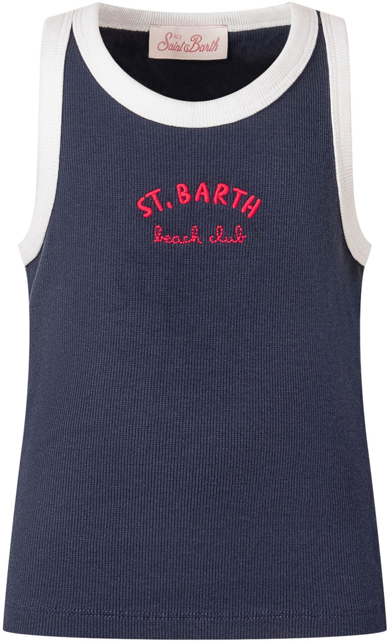 MC2 Saint Barth Top Senza Maniche in Maglia a Coste con Ricamo Navy