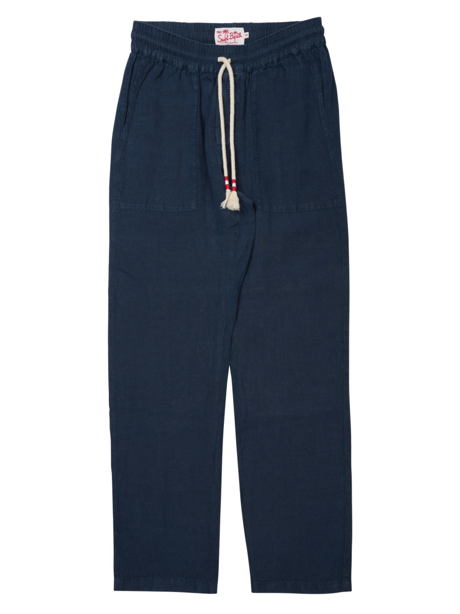 MC2 Saint Barth Relaxed Fit Blue Linen Trousers With Drawstring Waistband Zwart