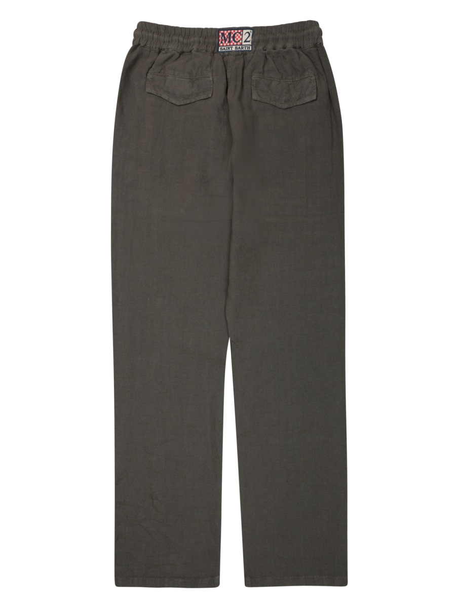 MC2 Saint Barth Relaxed Fit Green Linen Trousers With Adjustable Drawstring Waist Grijs