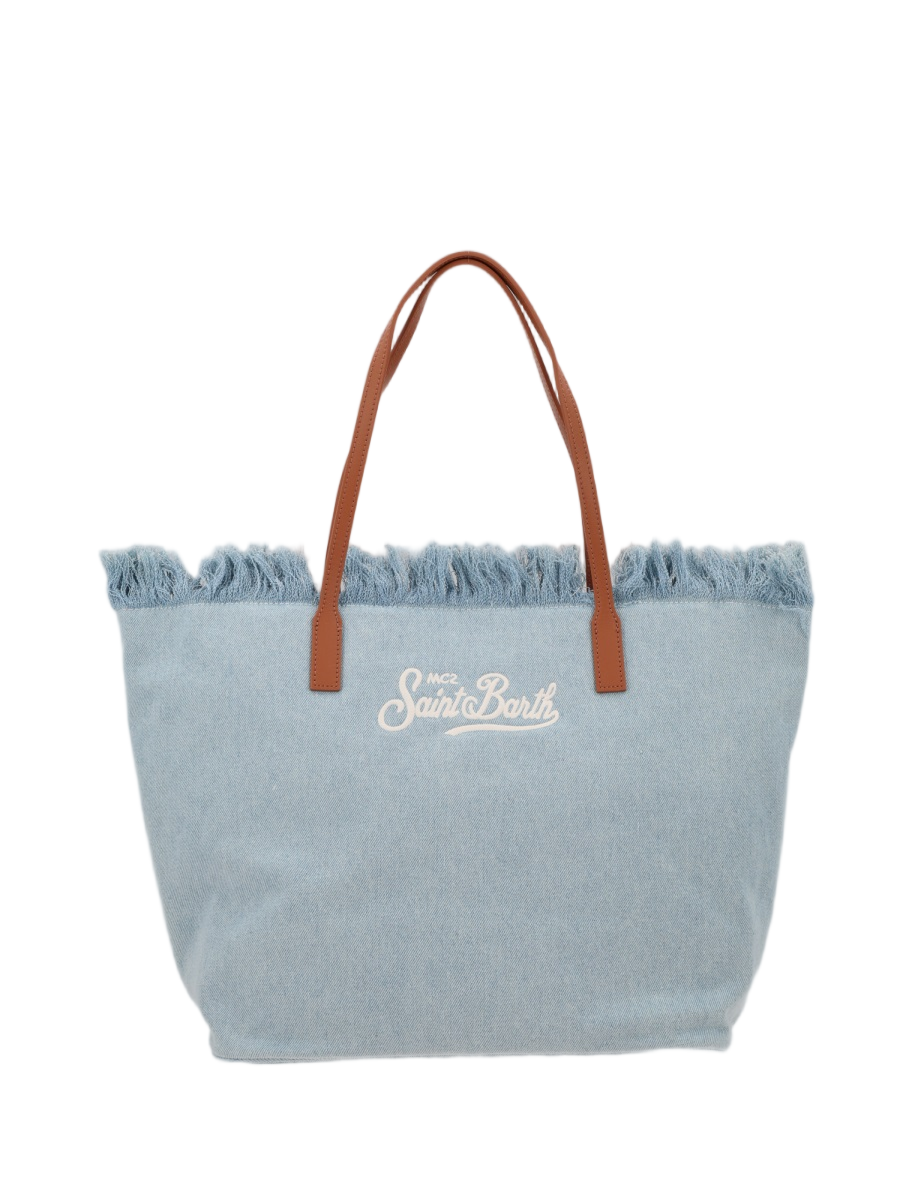 MC2 Saint Barth Light Blue Denim Bohemian Frayed Tote Bag Wit