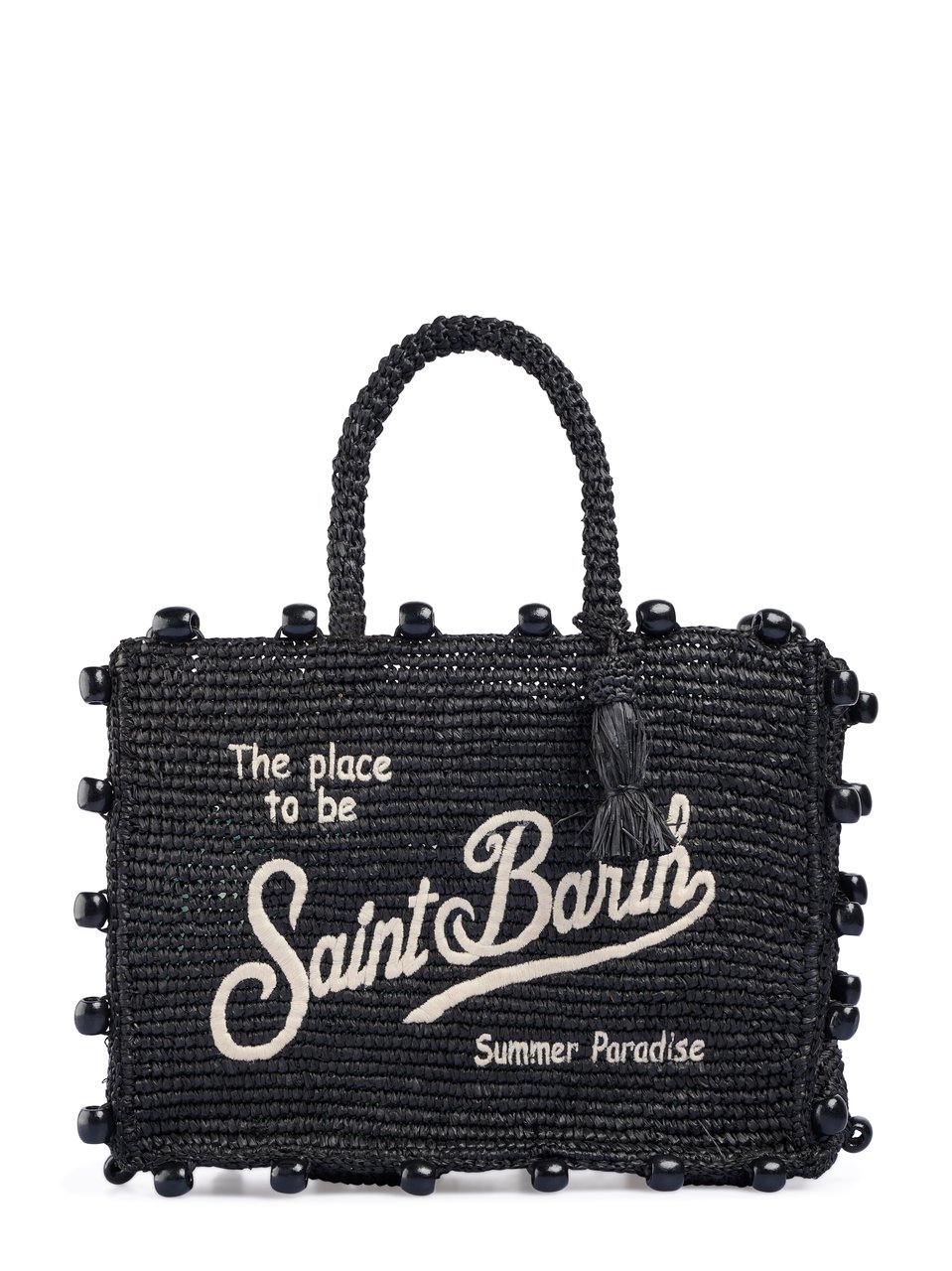 MC2 Saint Barth Rectangular Raffia Handbag with Beaded Edges Zwart