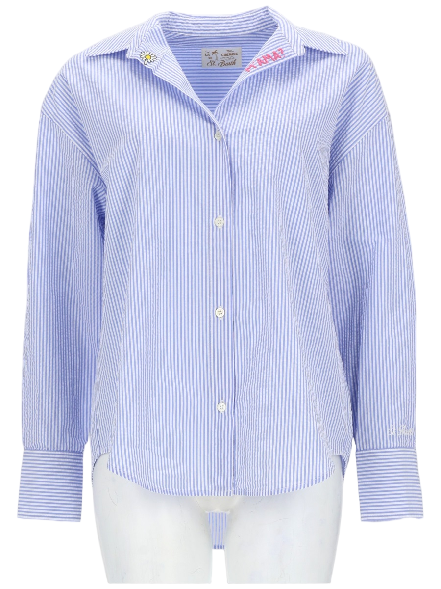 MC2 Saint Barth Blue Striped Cotton Embroidered Shirt Lichtblauw