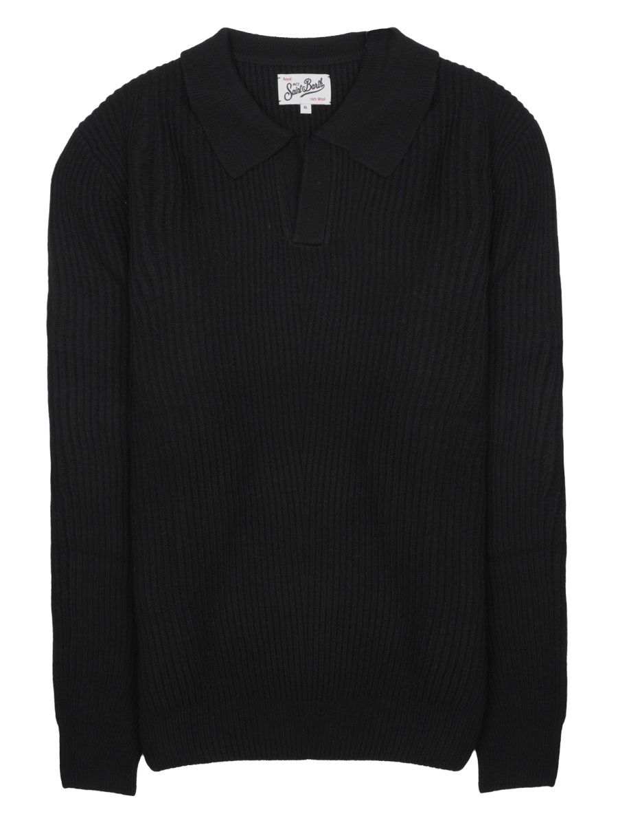 MC2 Saint Barth Grey Ribbed Knit Wool Polo Shirt Zwart