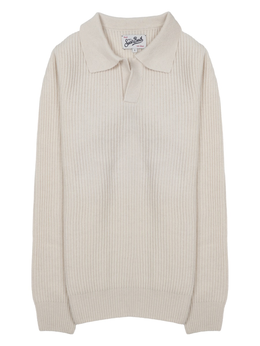 MC2 Saint Barth Black Ribbed Knit Wool Polo Shirt Grijs