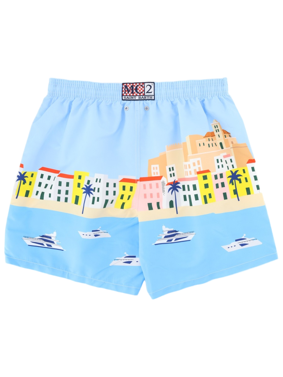 MC2 Saint Barth Light Blue Coastal Cityscape Swim Shorts Blauw