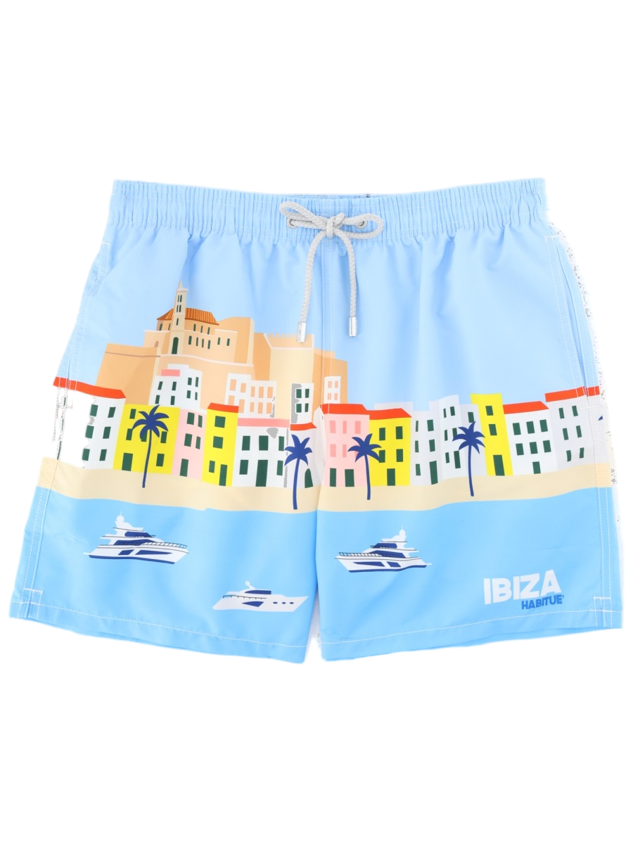 MC2 Saint Barth Light Blue Coastal Cityscape Swim Shorts Blauw