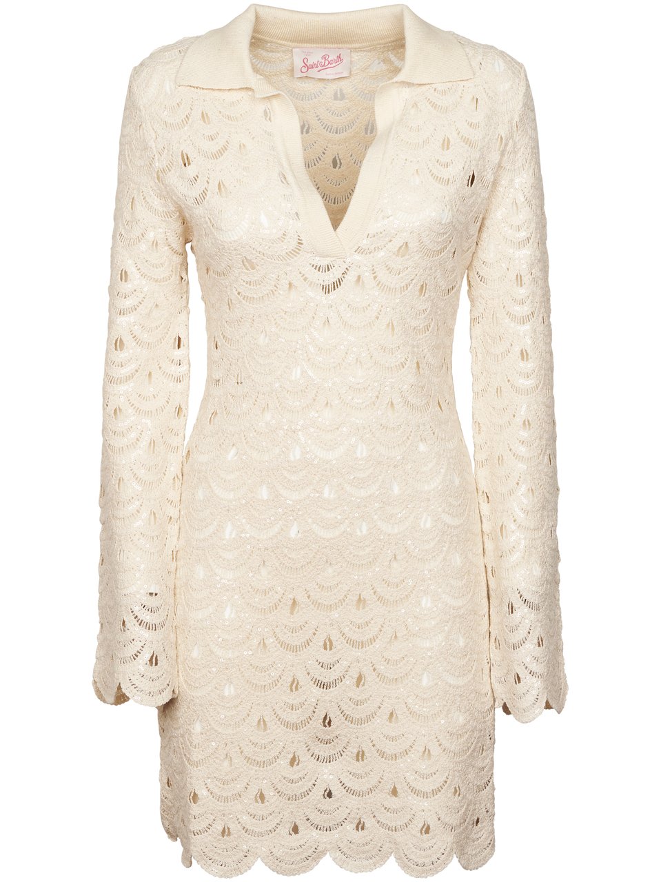 MC2 Saint Barth Long Sleeve Mini Dress with Crochet Detailing Neutraal