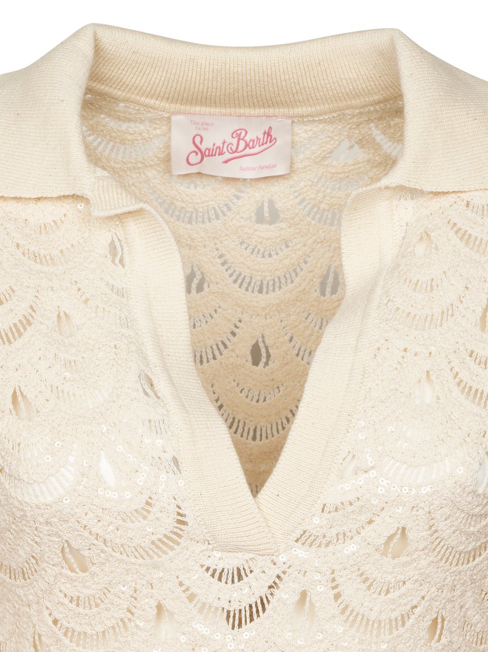MC2 Saint Barth Long Sleeve Mini Dress with Crochet Detailing Neutraal