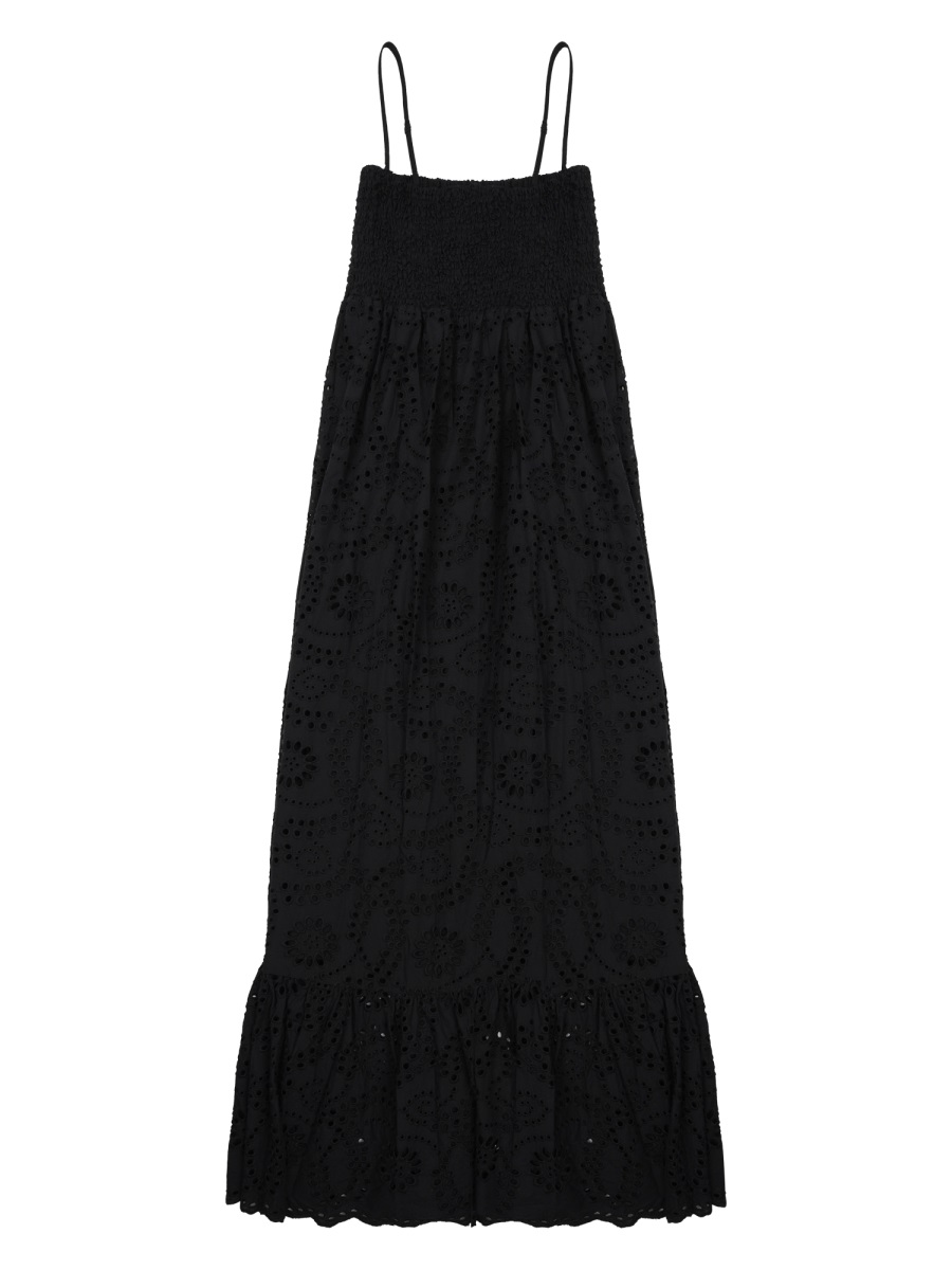 MC2 Saint Barth Sleeveless Black Midi Dress With Intricate Eyelet Design Zwart