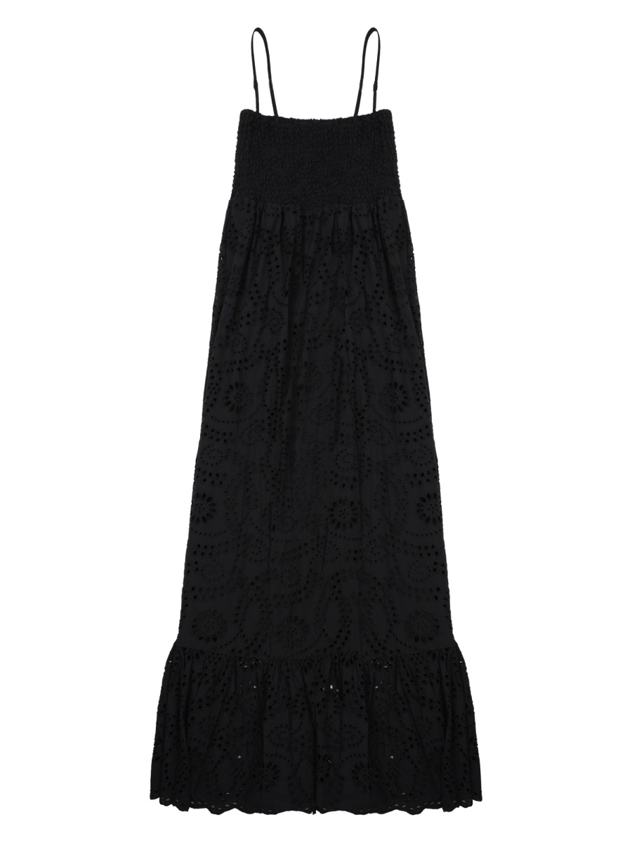 MC2 Saint Barth Sleeveless Black Midi Dress With Intricate Eyelet Design Zwart