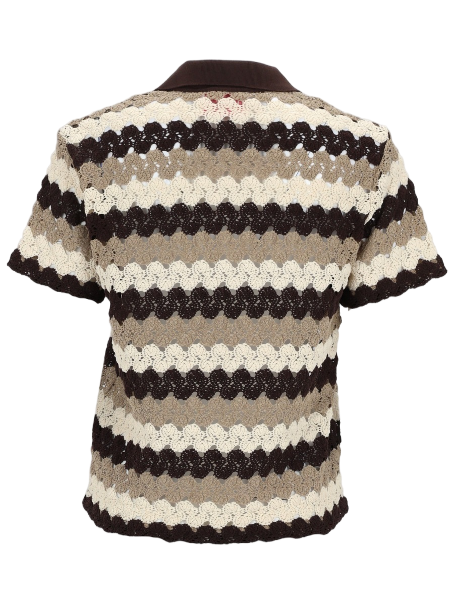 MC2 Saint Barth Neutral Crochet Wavy Striped Polo Shirt Zwart
