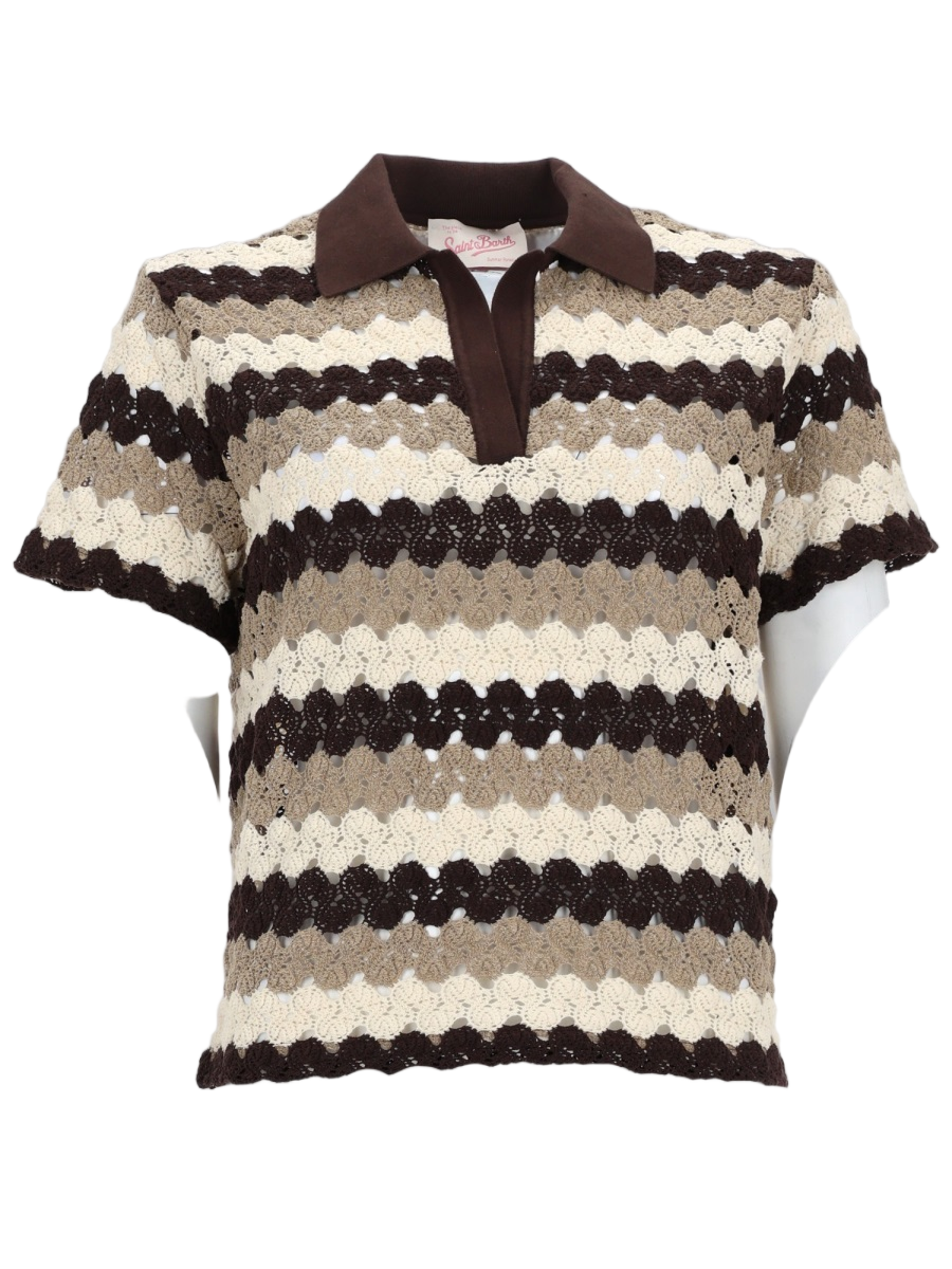 MC2 Saint Barth Neutral Crochet Wavy Striped Polo Shirt Zwart
