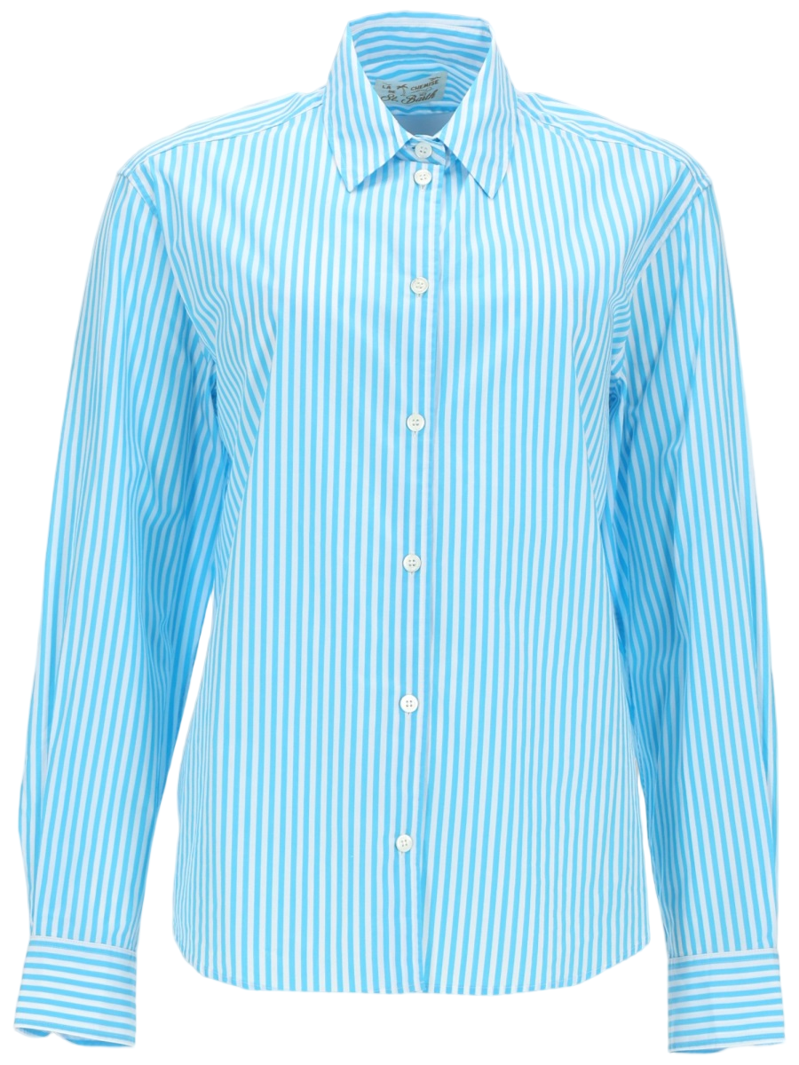 MC2 Saint Barth Light Blue Striped Cotton Embroidered Shirt Blauw